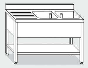 LT1171 Lavatoio su Gambe con ripiano in acciaio inox 2 vasche 1 sgocciolatoio sx alzatina ripiano 180x70x85