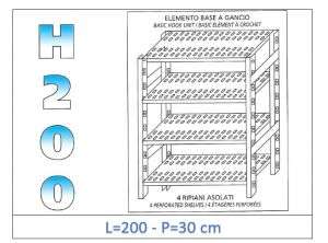 IN-G47020030B Scaffale a 4 ripiani asolati fissaggio a gancio dim cm 200x30x200h