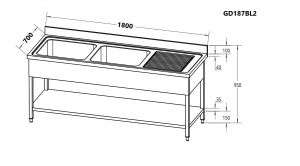 GD187BL2 Lavello aperto con 2 vasche a sinistra dim.1800 x 700 x 950h