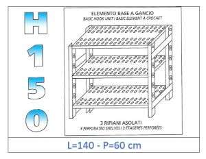 IN-G37014060B Scaffale a 3 ripiani asolati fissaggio a gancio dim cm  140x60x150h