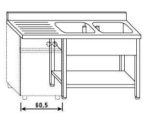 LT1214 Lavatoio su gambe e ripiano per lavastoviglie 2 vasche 1 sgocciolatoio sx alzatina ripiano 180x70x85
