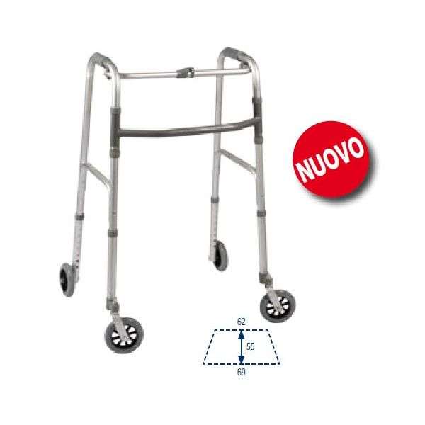 Deambulatore con due ruote grandi piroettanti e due ruote grandi fisse