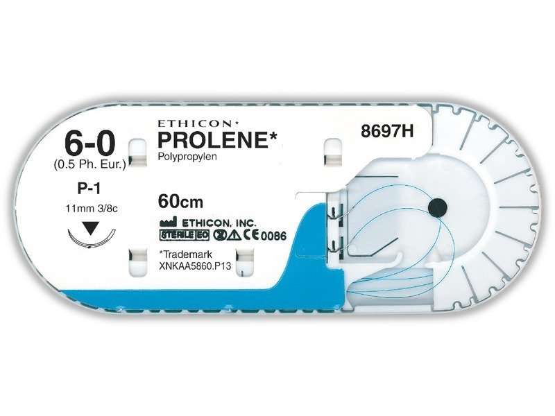 SUTURA PROLENE W8697 6/0 P-1 3/8C-11MM, 45CM. 12pz Ethicon