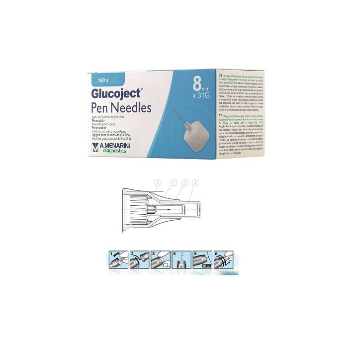 Glucoject Pen Needles 31G 8mm Aghi per Penne da Insulina 100 Pezzi